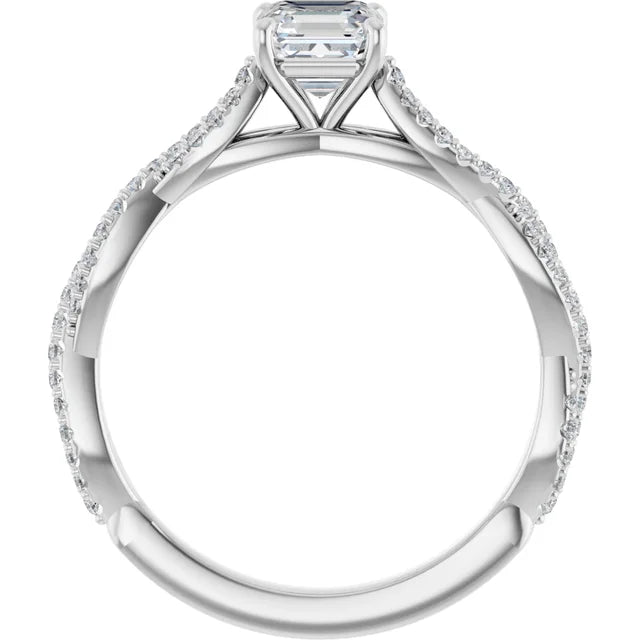14K White Gold Asscher-Cut Diamond Engagement Ring with Twisted Pavé Band 3/4 CT Center Stone