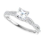 14K White Gold Asscher-Cut Diamond Engagement Ring with Twisted Pavé Band 3/4 CT Center Stone