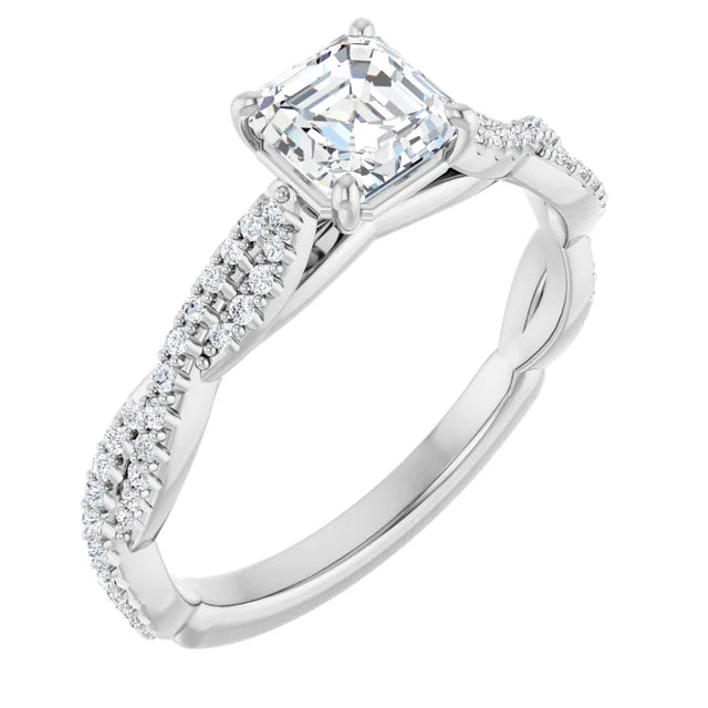 14K White Gold Asscher-Cut Diamond Engagement Ring with Twisted Pavé Band 3/4 CT Center Stone