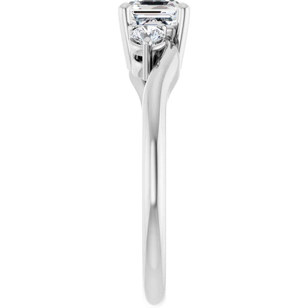14K White Gold Asscher-Cut Diamond Three-Stone Engagement Ring with Round Side Stones 3/4 CT Center Stone