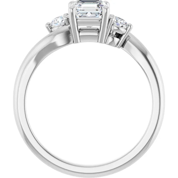 14K White Gold Asscher-Cut Diamond Three-Stone Engagement Ring with Round Side Stones 3/4 CT Center Stone