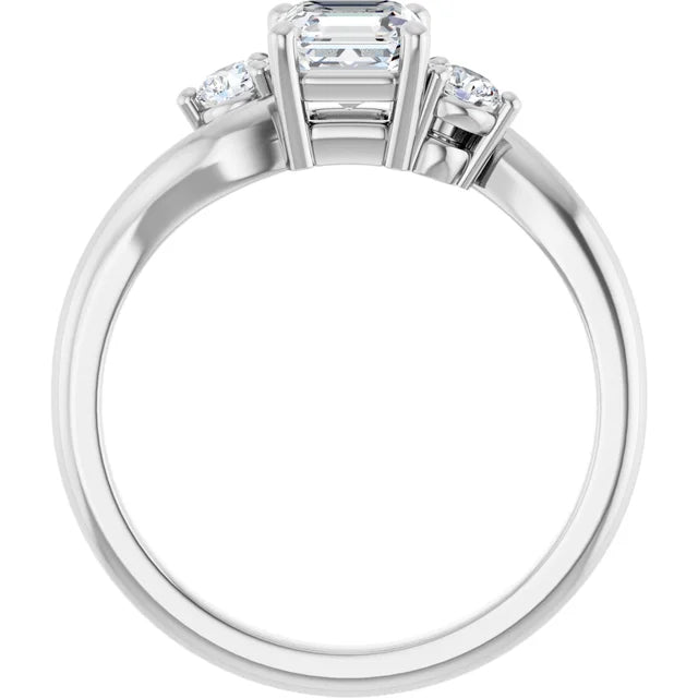 14K White Gold Asscher-Cut Diamond Three-Stone Engagement Ring with Round Side Stones 3/4 CT Center Stone
