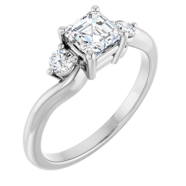 14K White Gold Asscher-Cut Diamond Three-Stone Engagement Ring with Round Side Stones 3/4 CT Center Stone