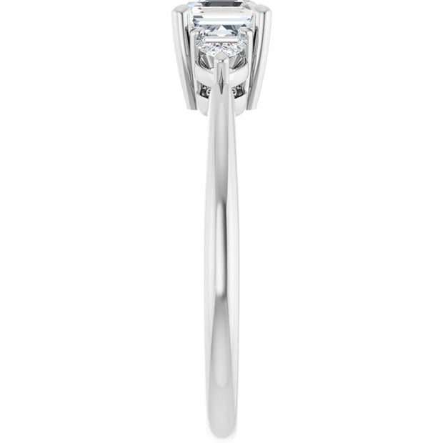 14K White Gold Asscher-Cut Three-Stone Diamond Engagement Ring with Half-Moon Side Stones 3/4 CT Center Stone