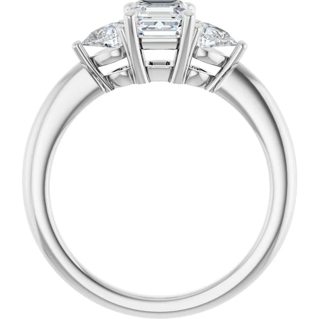 14K White Gold Asscher-Cut Three-Stone Diamond Engagement Ring with Half-Moon Side Stones 3/4 CT Center Stone