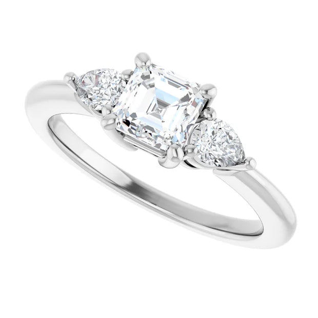 14K White Gold Asscher-Cut Three-Stone Diamond Engagement Ring with Half-Moon Side Stones 3/4 CT Center Stone