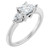 14K White Gold Asscher-Cut Three-Stone Diamond Engagement Ring with Half-Moon Side Stones 3/4 CT Center Stone