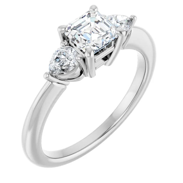 14K White Gold Asscher-Cut Three-Stone Diamond Engagement Ring with Half-Moon Side Stones 3/4 CT Center Stone