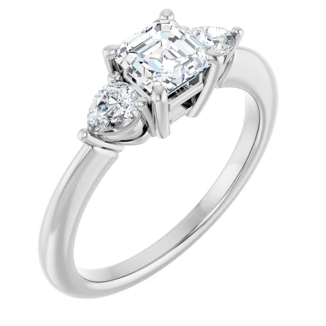14K White Gold Asscher-Cut Three-Stone Diamond Engagement Ring with Half-Moon Side Stones 3/4 CT Center Stone