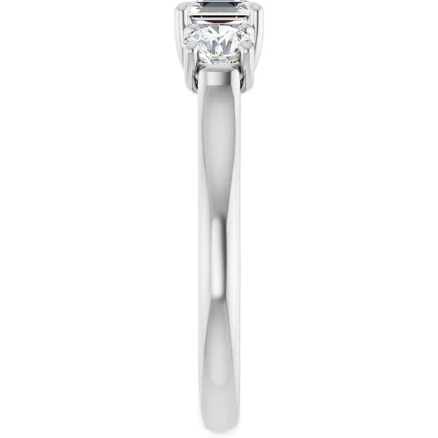 14K White Gold Asscher-Cut Three-Stone Diamond Engagement Ring with Round Side Stones 3/4 CT Center Stone