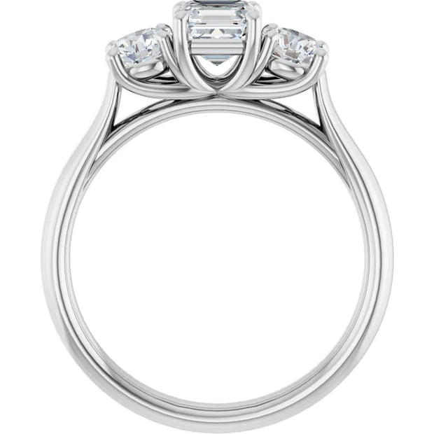 14K White Gold Asscher-Cut Three-Stone Diamond Engagement Ring with Round Side Stones 3/4 CT Center Stone