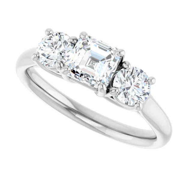 14K White Gold Asscher-Cut Three-Stone Diamond Engagement Ring with Round Side Stones 3/4 CT Center Stone