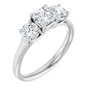 14K White Gold Asscher-Cut Three-Stone Diamond Engagement Ring with Round Side Stones 3/4 CT Center Stone