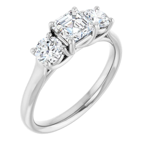 14K White Gold Asscher-Cut Three-Stone Diamond Engagement Ring with Round Side Stones 3/4 CT Center Stone