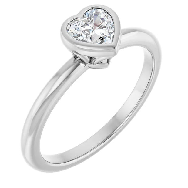 14K White Gold Bezel-Set Heart-Shape Diamond Solitaire Engagement Ring 1/2 CT Center Stone