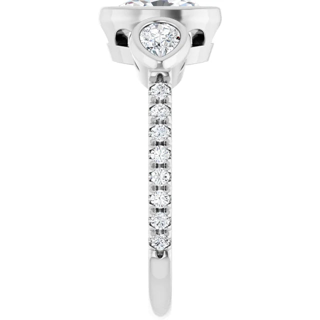 14K White Gold Bezel-Set Oval and Pear Three-Stone Ring with 7/8 CT Center and 1/2 CTW Diamonds