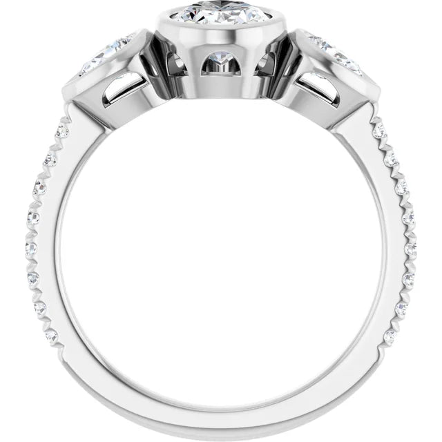 14K White Gold Bezel-Set Oval and Pear Three-Stone Ring with 7/8 CT Center and 1/2 CTW Diamonds