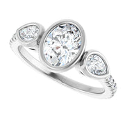 14K White Gold Bezel-Set Oval and Pear Three-Stone Ring with 7/8 CT Center and 1/2 CTW Diamonds