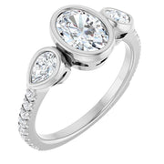 14K White Gold Bezel-Set Oval and Pear Three-Stone Ring with 7/8 CT Center and 1/2 CTW Diamonds