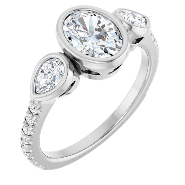 14K White Gold Bezel-Set Oval and Pear Three-Stone Ring with 7/8 CT Center and 1/2 CTW Diamonds