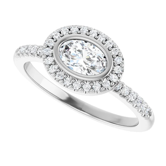 14K White Gold Bezel-Set Oval Halo Engagement Ring with 1 CT Center and 1 1/5 CTW Diamonds