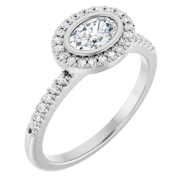14K White Gold Bezel-Set Oval Halo Engagement Ring with 1 CT Center and 1 1/5 CTW Diamonds