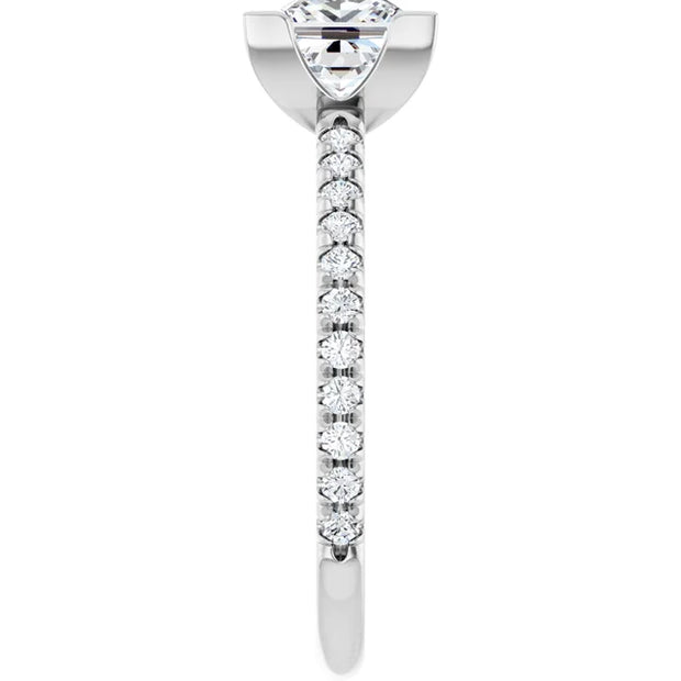 14K White Gold Bezel-Set Princess-Cut Engagement Ring with 3/4 CT Center and 1 CTW Diamond Band