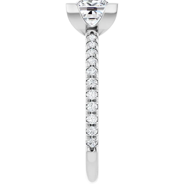 14K White Gold Bezel-Set Princess-Cut Engagement Ring with 3/4 CT Center and 1 CTW Diamond Band