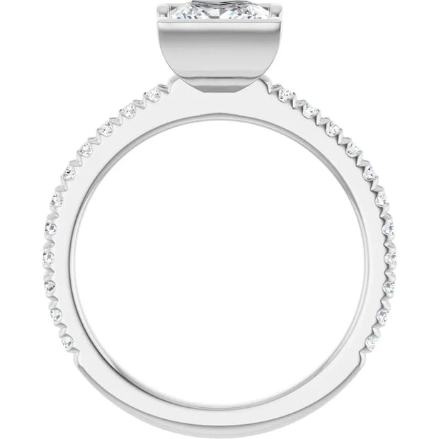 14K White Gold Bezel-Set Princess-Cut Engagement Ring with 3/4 CT Center and 1 CTW Diamond Band