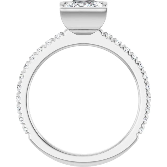 14K White Gold Bezel-Set Princess-Cut Engagement Ring with 3/4 CT Center and 1 CTW Diamond Band