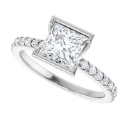 14K White Gold Bezel-Set Princess-Cut Engagement Ring with 3/4 CT Center and 1 CTW Diamond Band