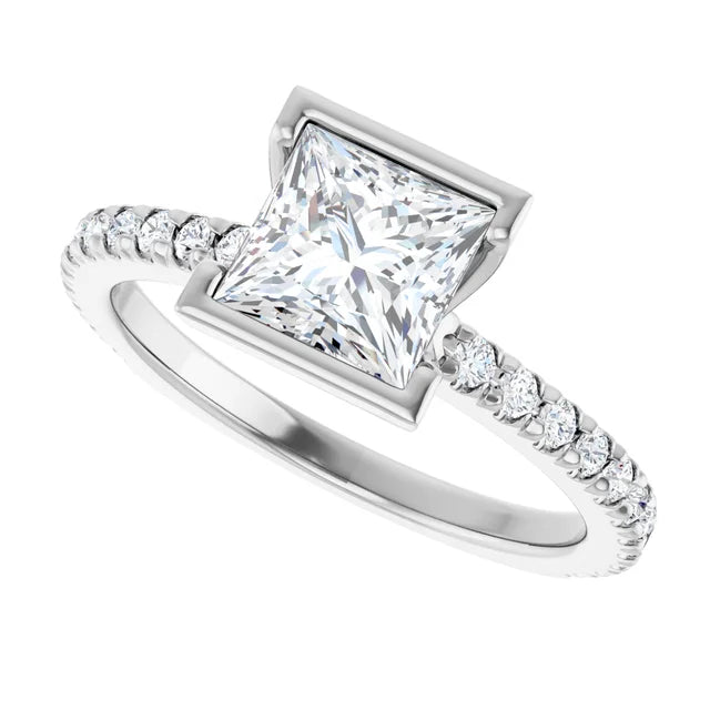 14K White Gold Bezel-Set Princess-Cut Engagement Ring with 3/4 CT Center and 1 CTW Diamond Band