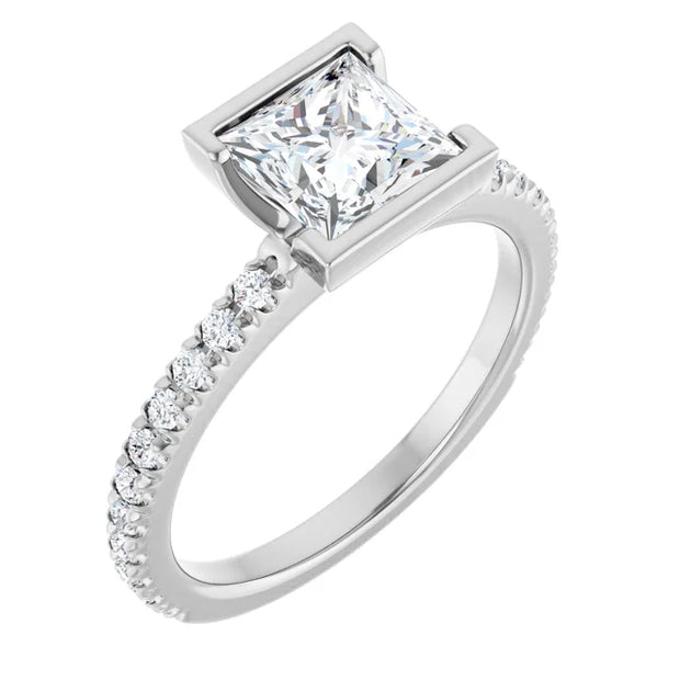 14K White Gold Bezel-Set Princess-Cut Engagement Ring with 3/4 CT Center and 1 CTW Diamond Band