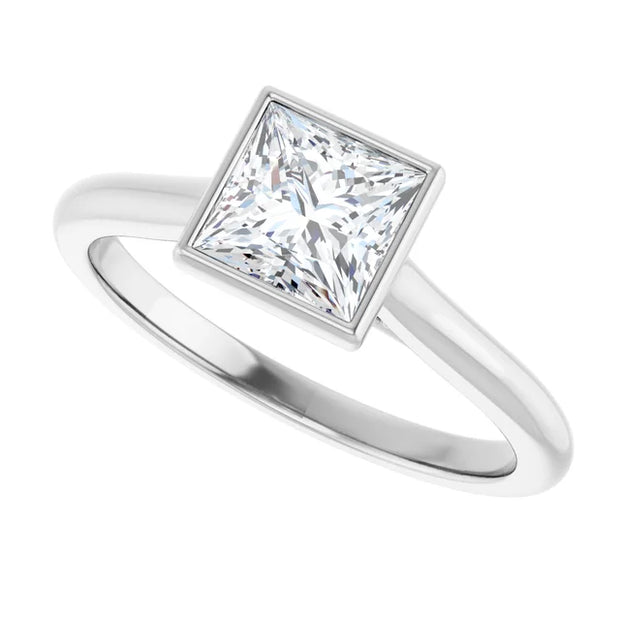 14K White Gold Bezel-Set Princess-Cut Solitaire Ring with 1/2 CT Center Diamond