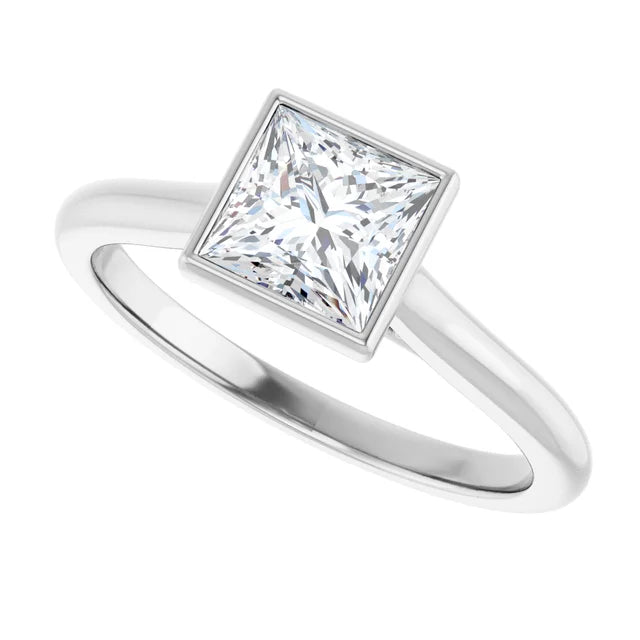 14K White Gold Bezel-Set Princess-Cut Solitaire Ring with 1/2 CT Center Diamond