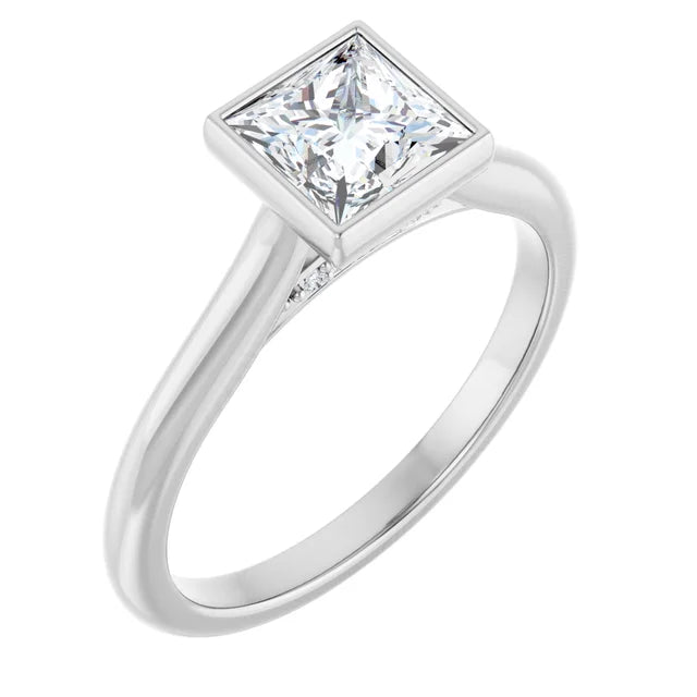 14K White Gold Bezel-Set Princess-Cut Solitaire Ring with 1/2 CT Center Diamond