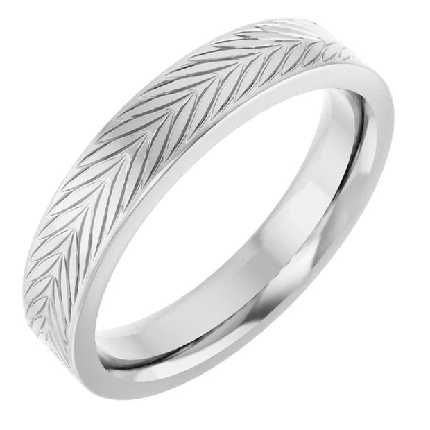 14K White Gold Engraved Chevron-Pattern Wedding Band