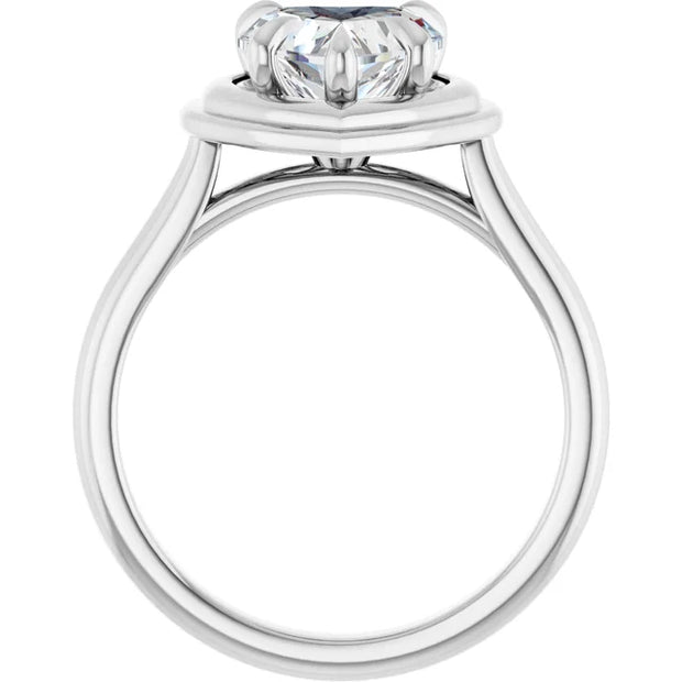 14K White Gold Heart Diamond Halo Ring with 1/2 CT Stone in a Framed 5-Prong Mount