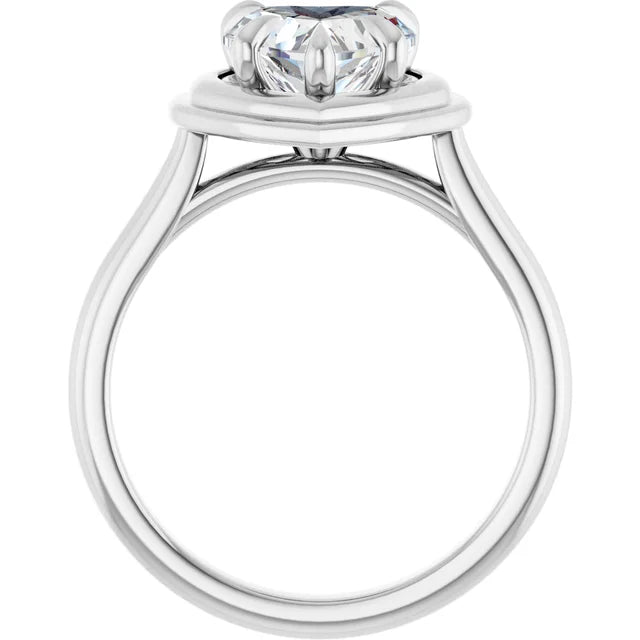 14K White Gold Heart Diamond Halo Ring with 1/2 CT Stone in a Framed 5-Prong Mount