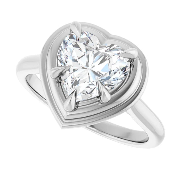14K White Gold Heart Diamond Halo Ring with 1/2 CT Stone in a Framed 5-Prong Mount