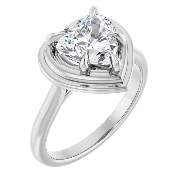 14K White Gold Heart Diamond Halo Ring with 1/2 CT Stone in a Framed 5-Prong Mount