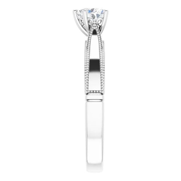 14K White Gold Milgrain Diamond Ring with 1/2 CT Heart-Shaped Center in a 5-Prong Setting