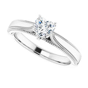 14K White Gold Milgrain Diamond Ring with 1/2 CT Heart-Shaped Center in a 5-Prong Setting