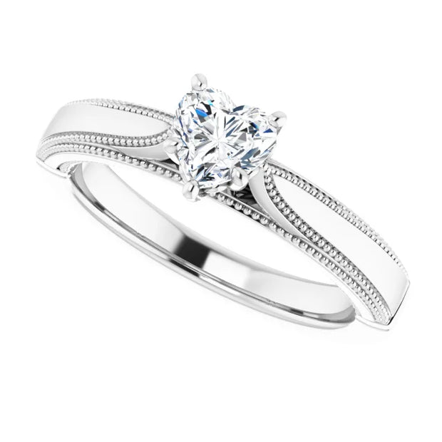 14K White Gold Milgrain Diamond Ring with 1/2 CT Heart-Shaped Center in a 5-Prong Setting