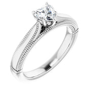 14K White Gold Milgrain Diamond Ring with 1/2 CT Heart-Shaped Center in a 5-Prong Setting