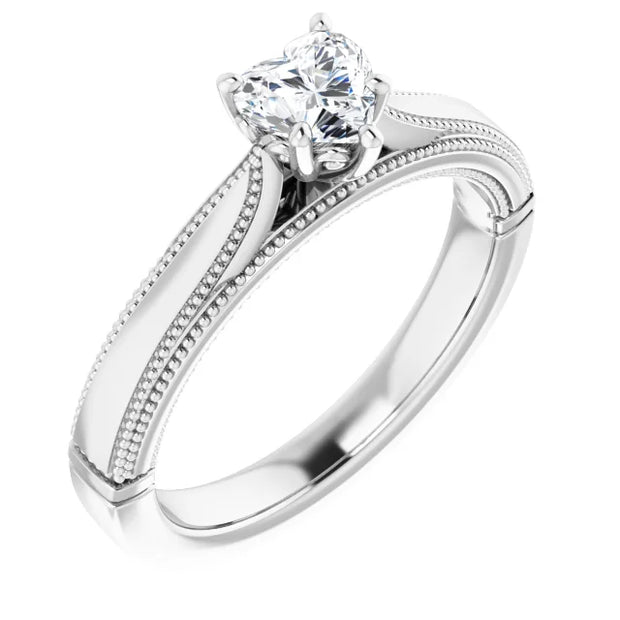 14K White Gold Milgrain Diamond Ring with 1/2 CT Heart-Shaped Center in a 5-Prong Setting