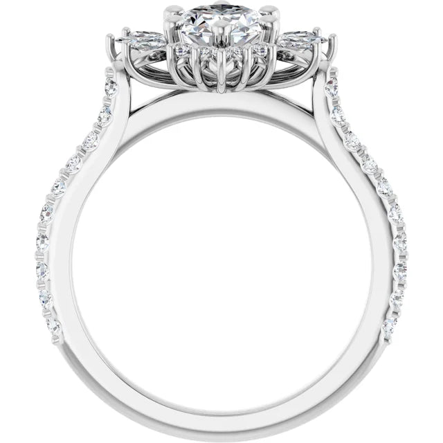 14K White Gold Oval Engagement Ring with 1 CT Center and 1 1/2 CTW Floral Halo Design