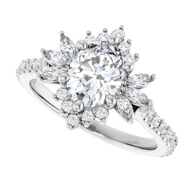 14K White Gold Oval Engagement Ring with 1 CT Center and 1 1/2 CTW Floral Halo Design