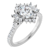 14K White Gold Oval Engagement Ring with 1 CT Center and 1 1/2 CTW Floral Halo Design