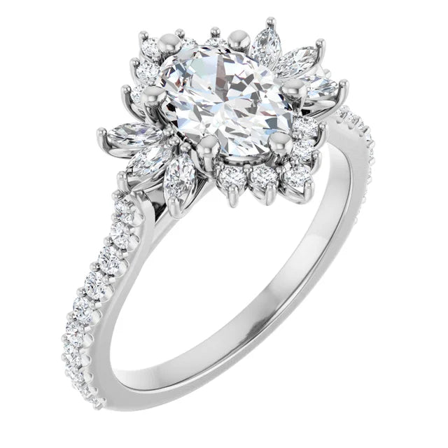 14K White Gold Oval Engagement Ring with 1 CT Center and 1 1/2 CTW Floral Halo Design
